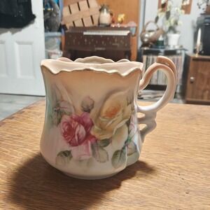 Antique German Porcelain Shaving Scuttle Mug Hand Painted Roses Gold Gilt Trim